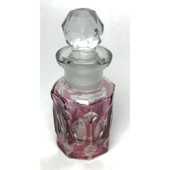 Flashed Cranberry Cut to Clear Vintage Perfume Bottle w/ Stopper Bohemian Glass - Picture 1 of 8